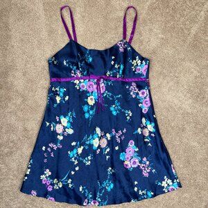 Jones New York Dress Womens L Blue Floral Slip Vintage Velvet Babydoll 90s Y2K